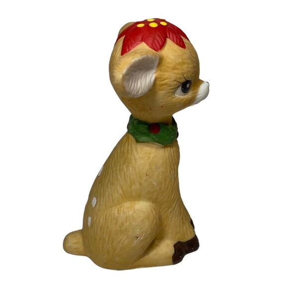 Vintage 1970s Bisque Reindeer figurine 3.5 in Christmas Decor Poinsettia - Picture 5 of 7